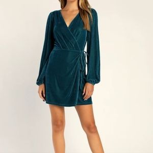 Lulus Luxe to the Touch Blue Velvet Long Sleeve Wrap Mini Dress